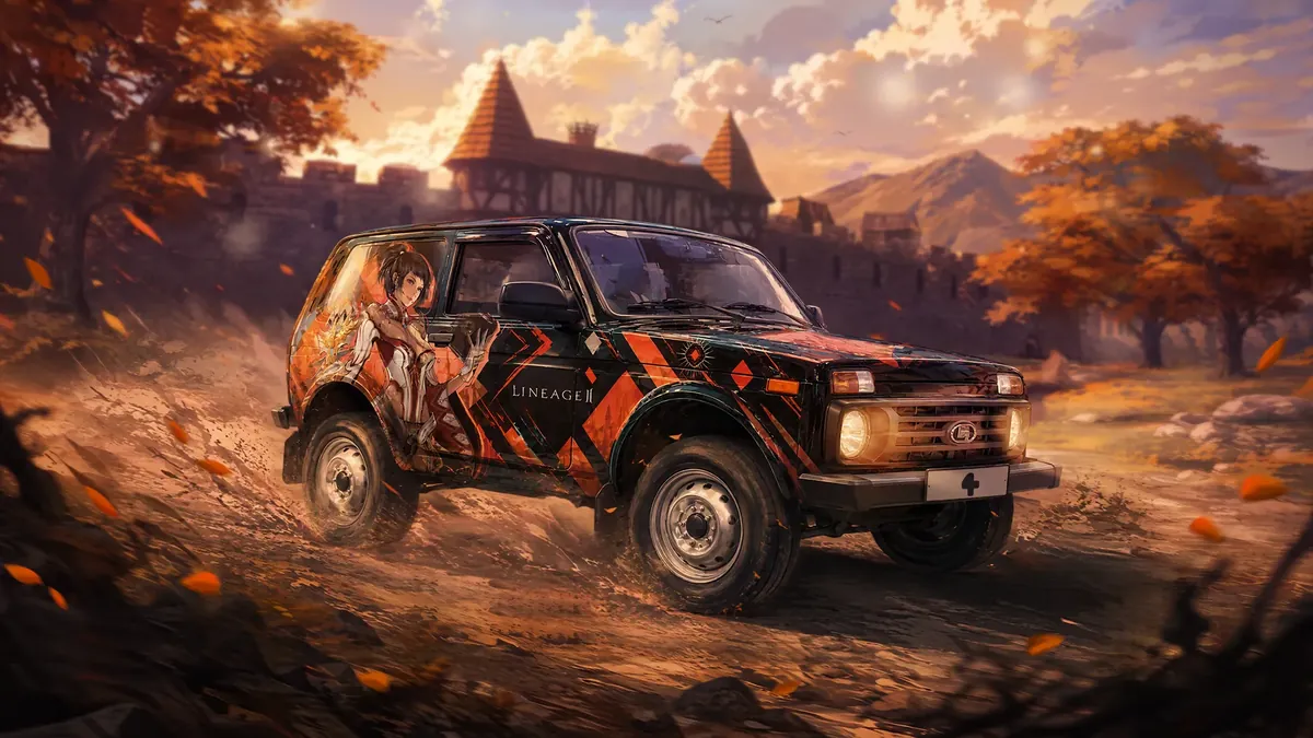 Niva Legend в оформлении Lineage 2 едет по осенней дороге у крепости — главный приз Боевого пропуска Essence