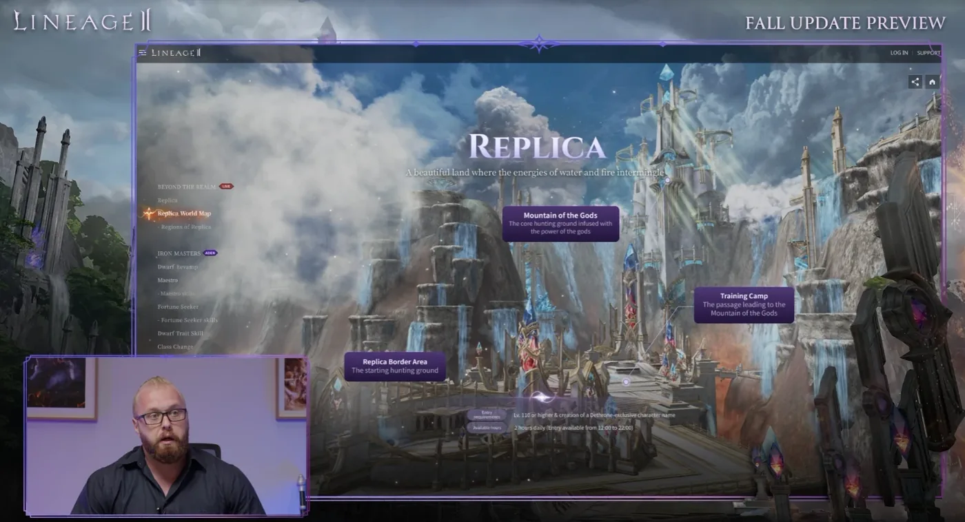 Стрим Lineage2US Fall Update Preview: промосайт обновления с картой Реплики — Пограничье, Гора Богов и Лагерь, — в углу комьюнити-менеджер