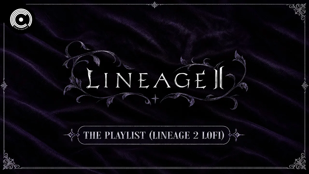 Обложка альбома: логотип Lineage II в серебряных завитках на тёмно-фиолетовом бархате и плашка The Playlist (Lineage 2 Lofi)